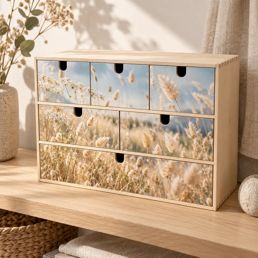 Commode à six tiroirs dont les façades forment une seule photo de prairie aux herbes dorées