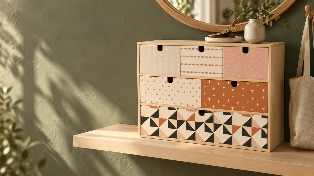 Commode à six tiroirs habillée de motifs coordonnés, posée sur une étagère en bois clair baignée de soleil
