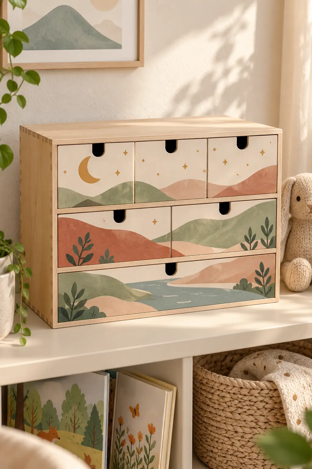 Commode habillée d’un paysage de collines et de lune, sur une étagère blanche de chambre d’enfant, près d’une peluche