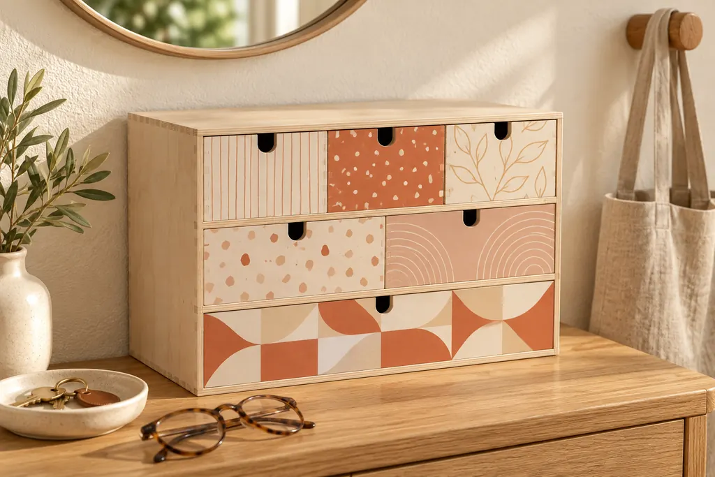 Commode habillée de motifs terracotta et crème sur une console d’entrée, sous un miroir rond, des clés et des lunettes devant