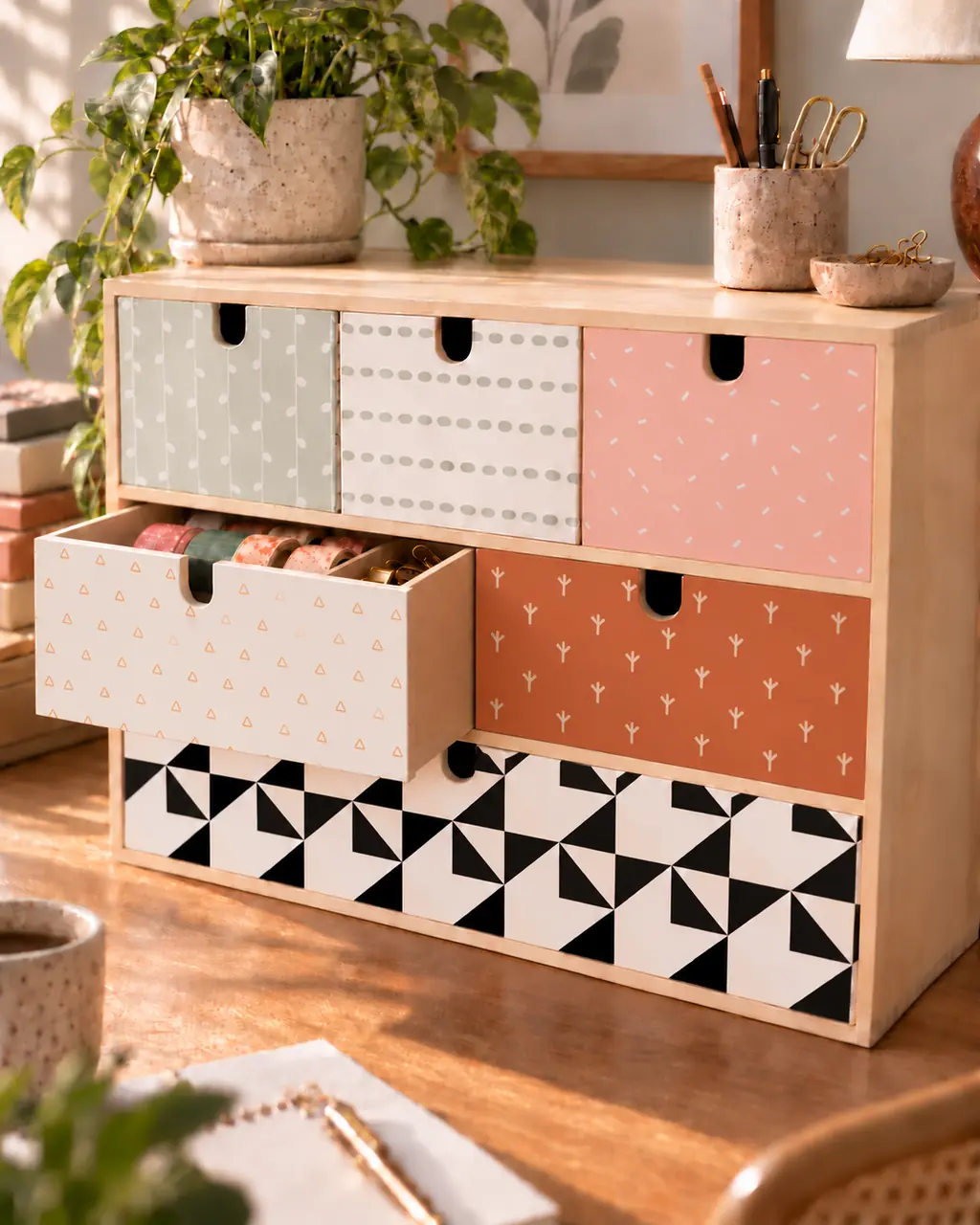 Commode habillée de motifs coordonnés sur un bureau, un tiroir entrouvert sur des rubans et des trombones dorés